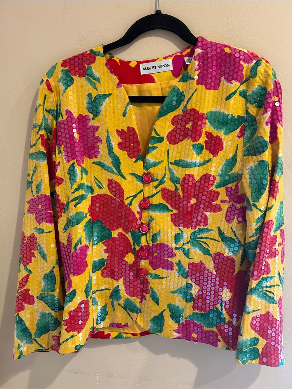 Albert Nipon Yellow Floral Sequin Button-Front Jacket Us 12